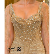 Luxury Gold Evening Gown with Crystal-Embellished Corset and Flowing Tulle Cape