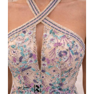 Beige Floral Embroidered Halter Evening Dress