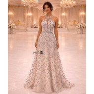 Beige Floral Embroidered Halter Evening Dress