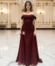 Luxury burgundy evening dress with shimmering embellishments and off-shoulder sleeves