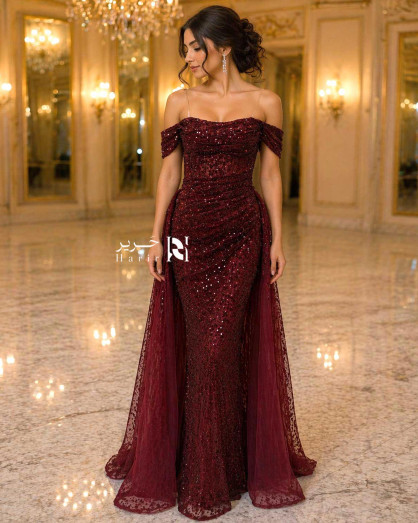 Luxury burgundy evening dress with shimmering embellishments and off- shoulder sleeves -