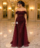 Luxury burgundy evening dress with shimmering embellishments and off-shoulder sleeves