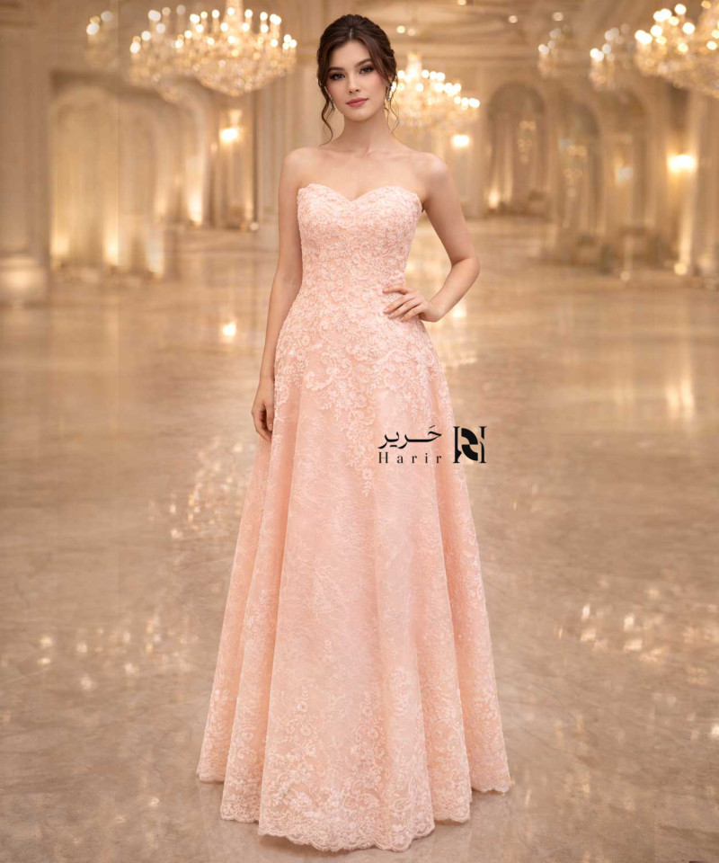 Soft pink evening dress with a sweetheart design and luxurious embroidery