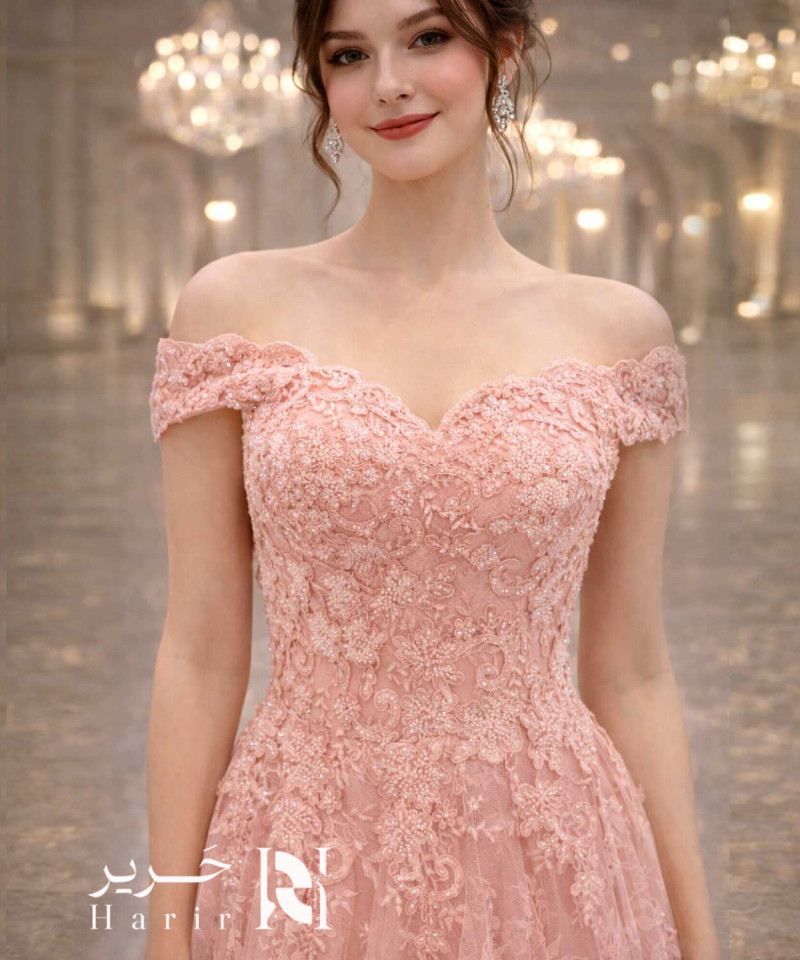 Soft Pink Evening Dress – Off-Shoulder with Embroidered Tulle Skirt