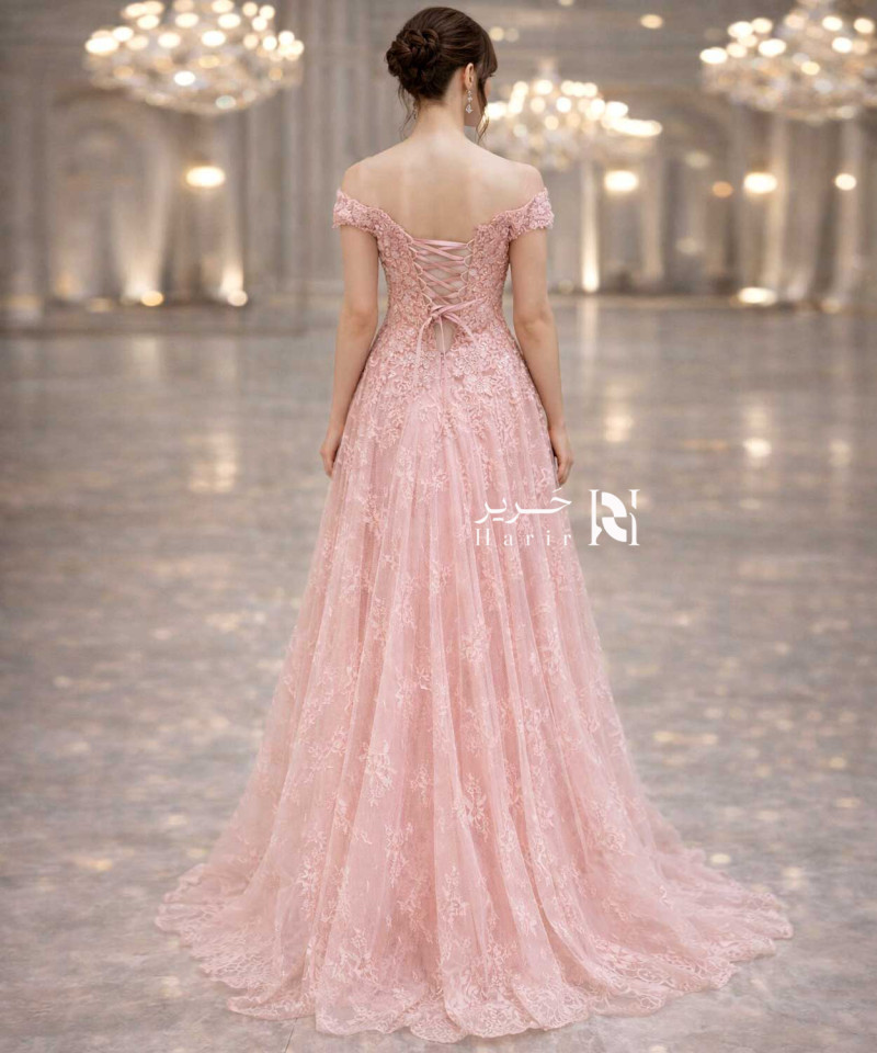 Soft Pink Evening Dress – Off-Shoulder with Embroidered Tulle Skirt