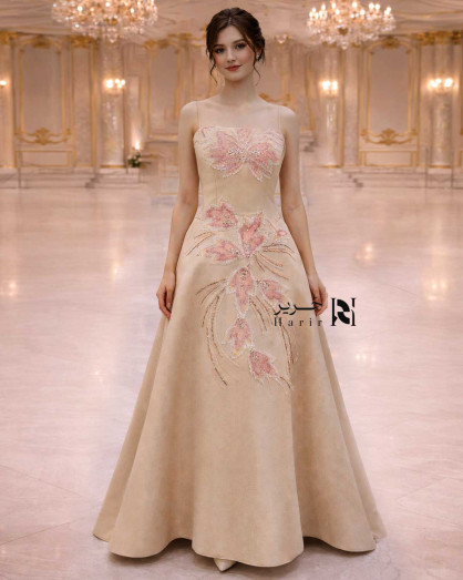 Champagne Evening Dress with Pink Floral Embroidery – Off-Shoulder Lace-Up  Back -