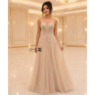 Champagne Embellished Tulle Evening Dress with Crystal Corset