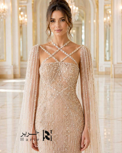 Gold Embellished Evening Dress with Sheer Tulle Cape and Cross Strap Design  -