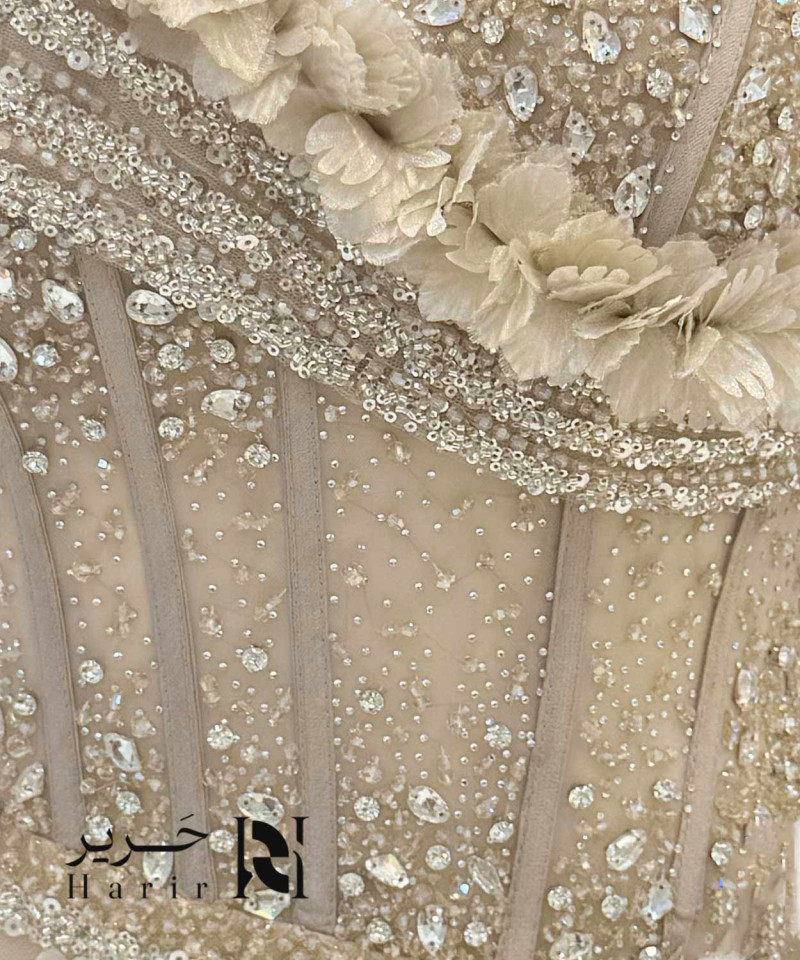 فستان سهرة شامبين ذهبي مطرّز بقصة أوف شولدر وكورسيه شفاف مع ورد ثلاثي الأبعاد