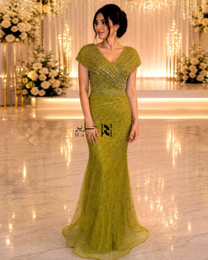 cache green dress Olive Beaded Evening with V-Neck and Short Sleeves nye24new