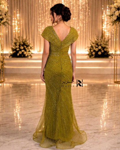 army green formal dress Olive Beaded Evening with V-Neck and Short Sleeves Flower girl dresses