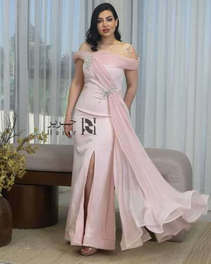 Light Pink Off-Shoulder Dress with Pleated Drapes and Side Slit -