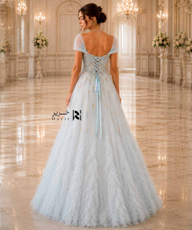 Luxury Light Blue Evening Gown with Crystal Beading, Gold Embroidery, Off-Shoulder Tulle Sleeves and Voluminous Tulle Skirt