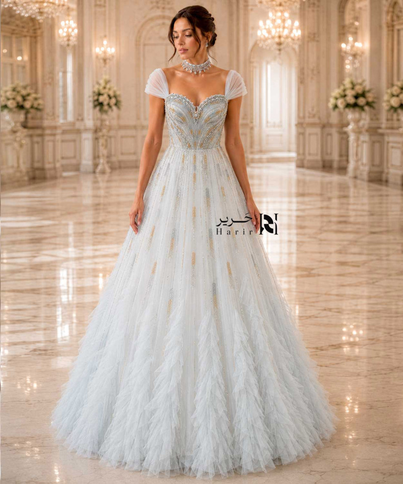 Luxury Light Blue Evening Gown with Crystal Beading, Gold Embroidery, Off-Shoulder Tulle Sleeves and Voluminous Tulle Skirt