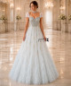 Luxury Light Blue Evening Gown with Crystal Beading, Gold Embroidery, Off-Shoulder Tulle Sleeves and Voluminous Tulle Skirt