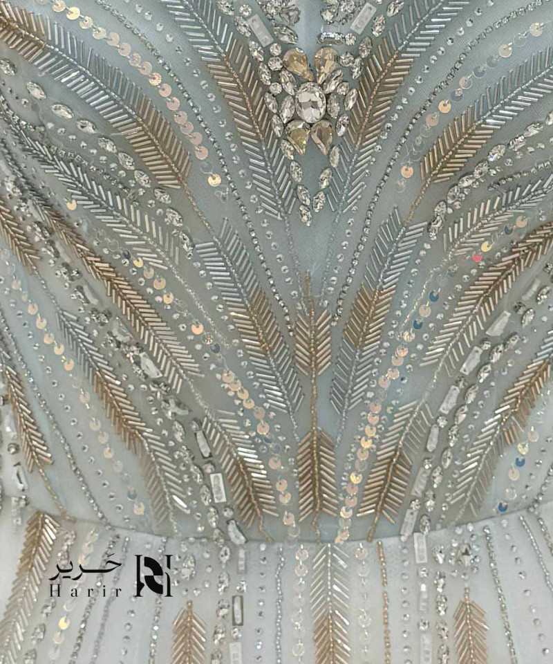 Luxury Light Blue Evening Gown with Crystal Beading, Gold Embroidery, Off-Shoulder Tulle Sleeves and Voluminous Tulle Skirt