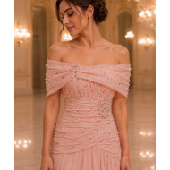Luxury Pearl Embellished Off-Shoulder Pink Evening Dress