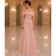 Luxury Pearl Embellished Off-Shoulder Pink Evening Dress
