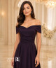Elegant Dark Purple Off Shoulder A Line Evening Dress with Pleated Waistband