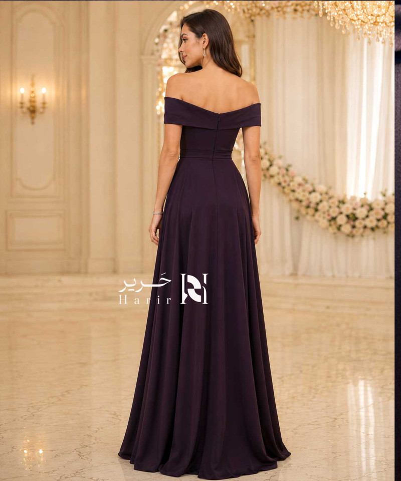 Elegant Dark Purple Off Shoulder A Line Evening Dress with Pleated Waistband