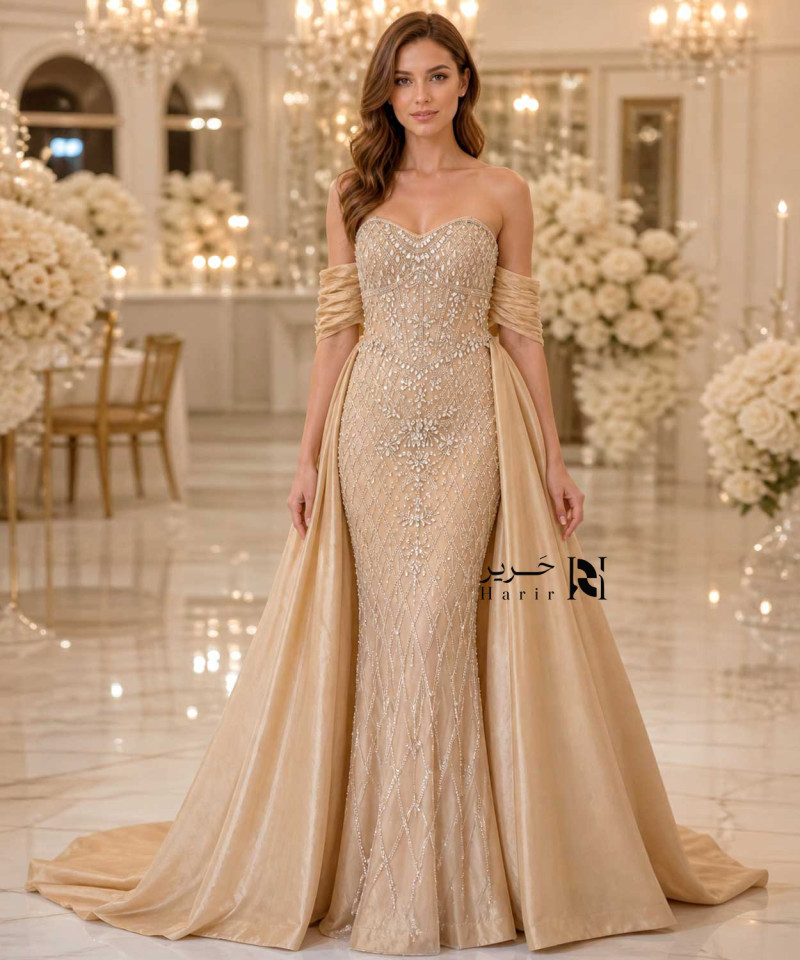 Luxury Champagne Gold Evening Dress with Crystal Embroidery, Sweetheart Neckline, Off-Shoulder Sleeves and Long Train