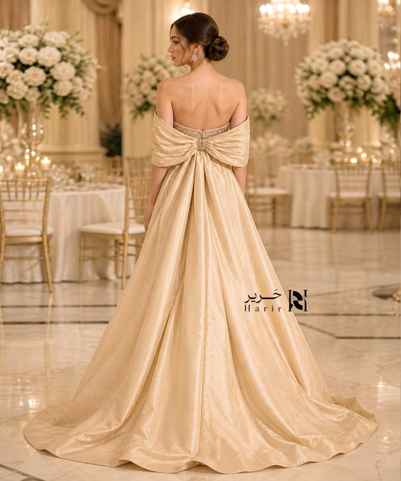 Luxury Champagne Gold Evening Dress with Crystal Embroidery, Sweetheart Neckline, Off-Shoulder Sleeves and Long Train