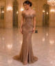 Luxury Rose Gold Evening Dress with Crystal Embroidery, Off-Shoulder Corset Neckline, Front Slit and Soft Back Train