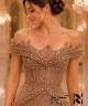 Luxury Rose Gold Evening Dress with Crystal Embroidery, Off-Shoulder Corset Neckline, Front Slit and Soft Back Train