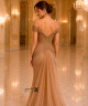 Luxury Rose Gold Evening Dress with Crystal Embroidery, Off-Shoulder Corset Neckline, Front Slit and Soft Back Train