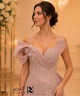 Luxury Powder Pink Crystal Embroidered Evening Dress with Corset Bodice, Thin Straps, Side Tulle Draping and Front Slit