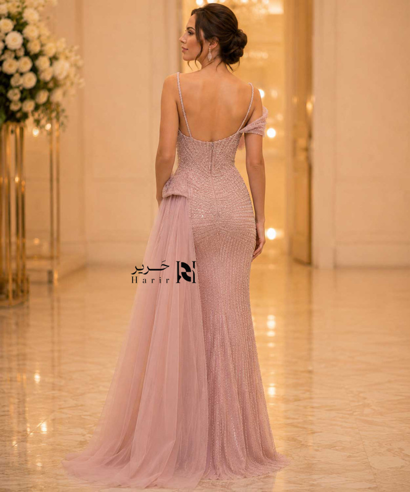 Luxury Powder Pink Crystal Embroidered Evening Dress with Corset Bodice, Thin Straps, Side Tulle Draping and Front Slit