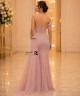 Luxury Powder Pink Crystal Embroidered Evening Dress with Corset Bodice, Thin Straps, Side Tulle Draping and Front Slit
