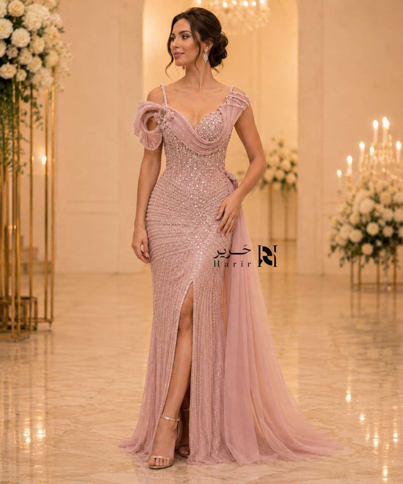 Luxury Powder Pink Crystal Embroidered Evening Dress with Corset Bodice, Thin Straps, Side Tulle Draping and Front Slit