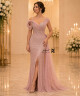 Luxury Powder Pink Crystal Embroidered Evening Dress with Corset Bodice, Thin Straps, Side Tulle Draping and Front Slit