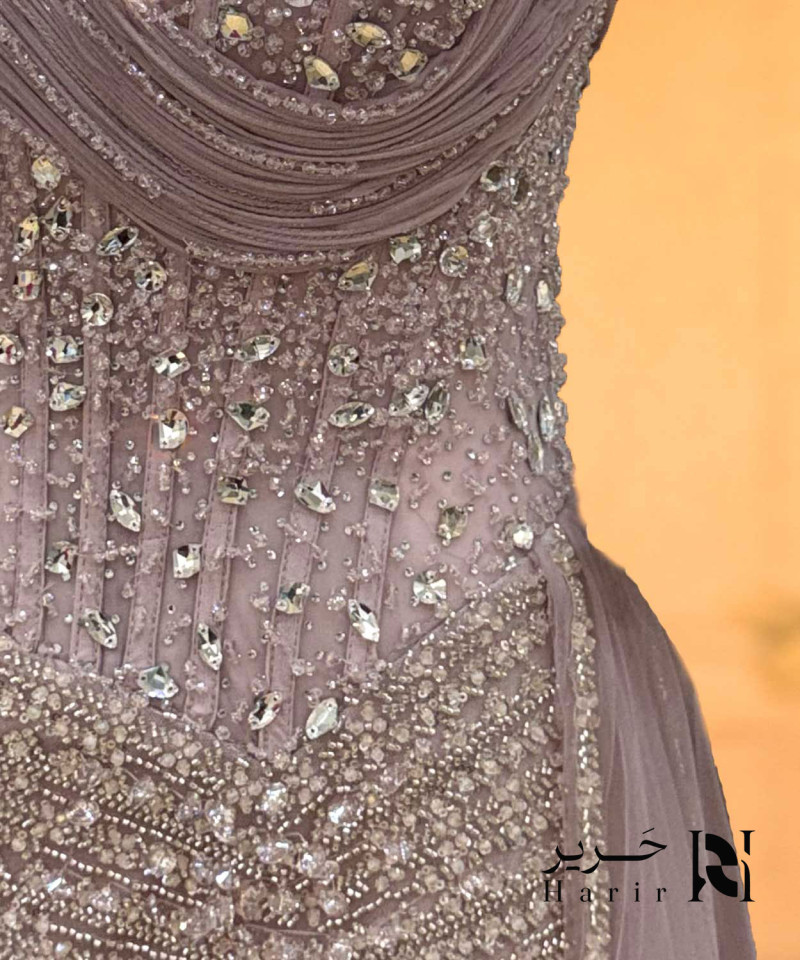 Luxury Powder Pink Crystal Embroidered Evening Dress with Corset Bodice, Thin Straps, Side Tulle Draping and Front Slit