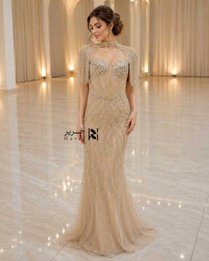 pearl champagne dress Chic / Beautiful Champagne Beading Pearl Sequins Flower Party Dresses 2024  Ball Gown High Neck Puffy Short Sleeve Backless Tea-length Cocktail Party