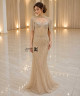 Luxury Champagne Gold Evening Dress with Pearl and Crystal Embroidery, Corset Bodice, High Neck Cape and Beaded Fringe Shoulders