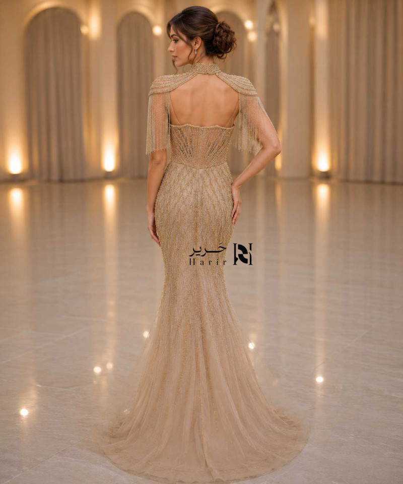 Luxury Champagne Gold Evening Dress with Pearl and Crystal Embroidery, Corset Bodice, High Neck Cape and Beaded Fringe Shoulders