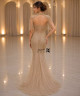 Luxury Champagne Gold Evening Dress with Pearl and Crystal Embroidery, Corset Bodice, High Neck Cape and Beaded Fringe Shoulders