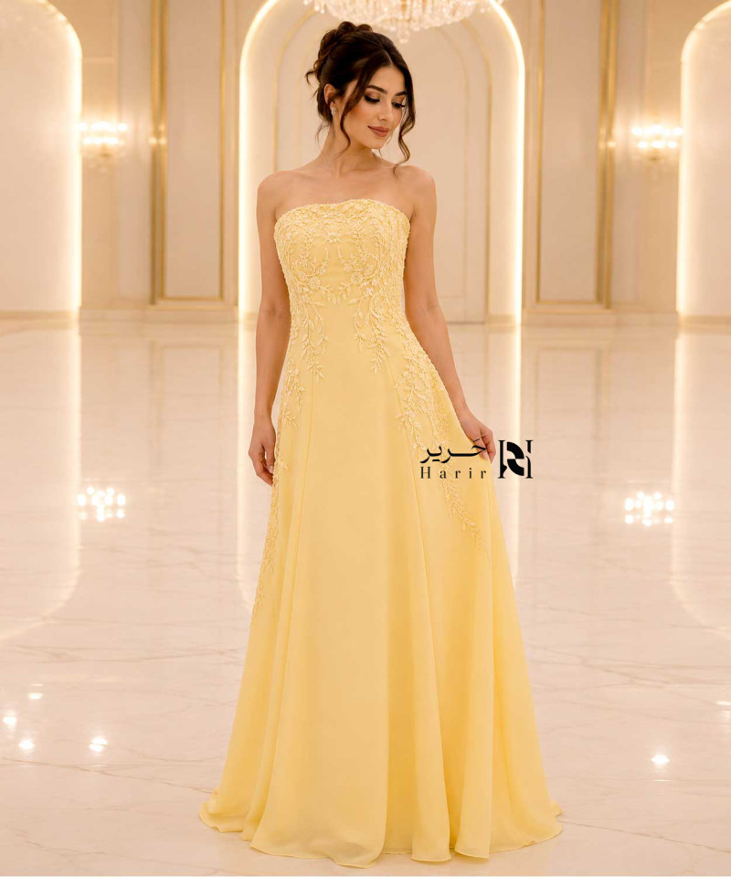 Pastel Yellow Strapless Evening Dress with Soft Lace Embroidery and Lace-Up Corset Back