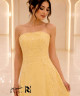 Pastel Yellow Strapless Evening Dress with Soft Lace Embroidery and Lace-Up Corset Back
