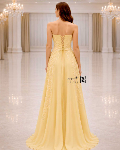 pastel yellow formal dresses Strapless Evening Dress with Soft Lace Embroidery and Lace-Up Corset Back Tulle