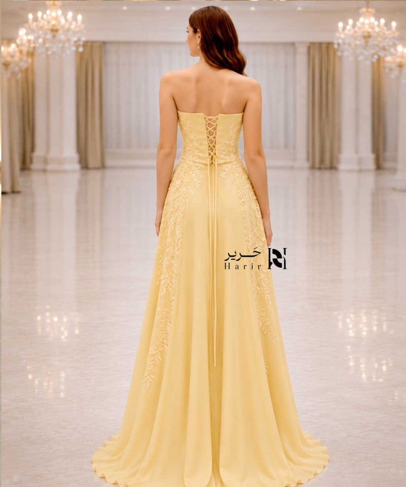 Pastel Yellow Strapless Evening Dress with Soft Lace Embroidery and Lace-Up Corset Back