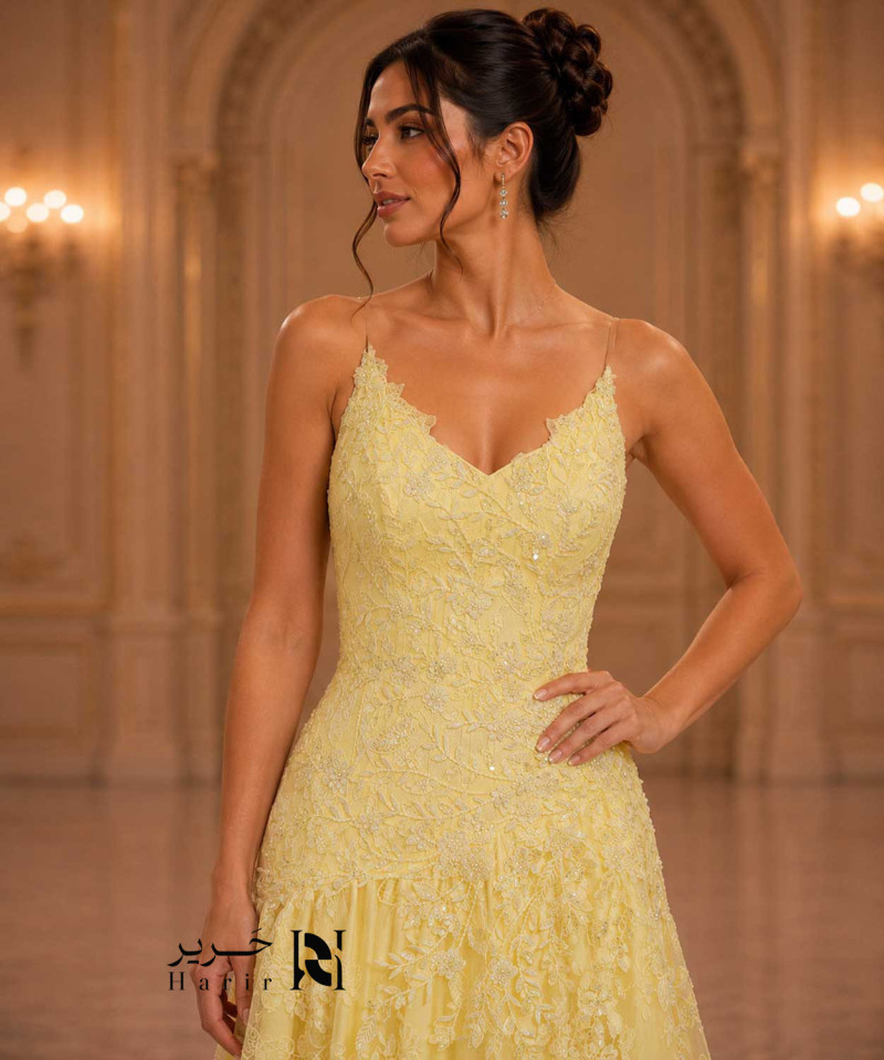 Butter Yellow Floral Lace Evening Dress with Soft V-Neckline, Thin Straps, and Lace-Up Corset Back