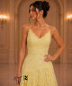 Butter Yellow Floral Lace Evening Dress with Soft V-Neckline, Thin Straps, and Lace-Up Corset Back