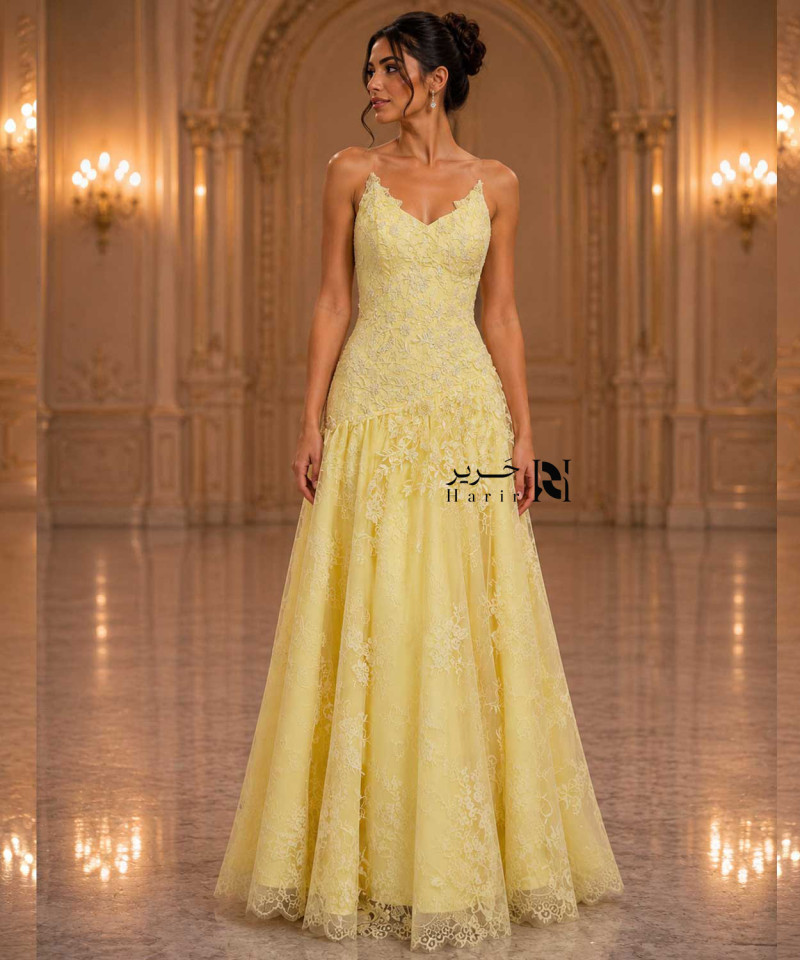 Butter Yellow Floral Lace Evening Dress with Soft V-Neckline, Thin Straps, and Lace-Up Corset Back
