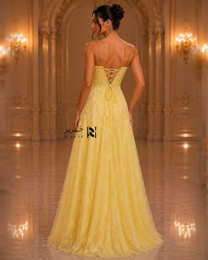butter yellow formal dress Floral Lace Evening with Soft V-Neckline, Thin Straps, and Lace-Up Corset Back BS26JULY