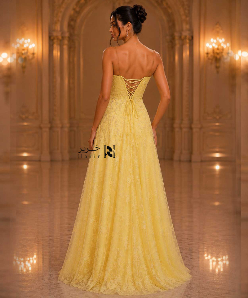 Butter Yellow Floral Lace Evening Dress with Soft V-Neckline, Thin Straps, and Lace-Up Corset Back