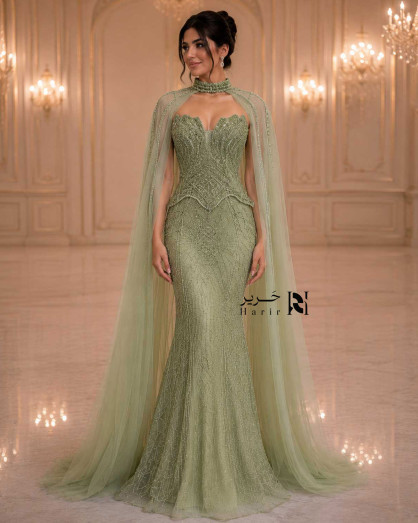olive green tulle dress Luxury Sage Crystal Embroidered Evening with Sweetheart Corset Bodice, High Neck Cape and Sheer Draping wedding olive green flower girl dresses