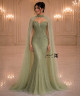 Luxury Sage Olive Green Crystal Embroidered Evening Dress with Sweetheart Corset Bodice, High Neck Cape and Sheer Tulle Draping